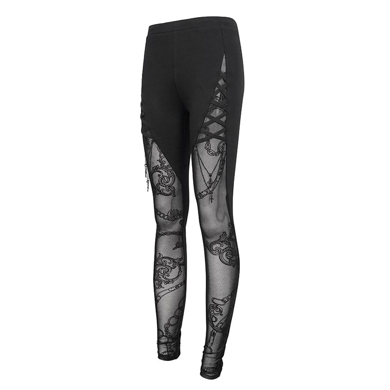 DEVIL FASHION Women's Gothic Mesh Splice Chain Leggings