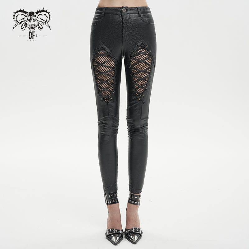 Women Fashion PU Leather Pants Metal Chain Skinny Leggings Gothic