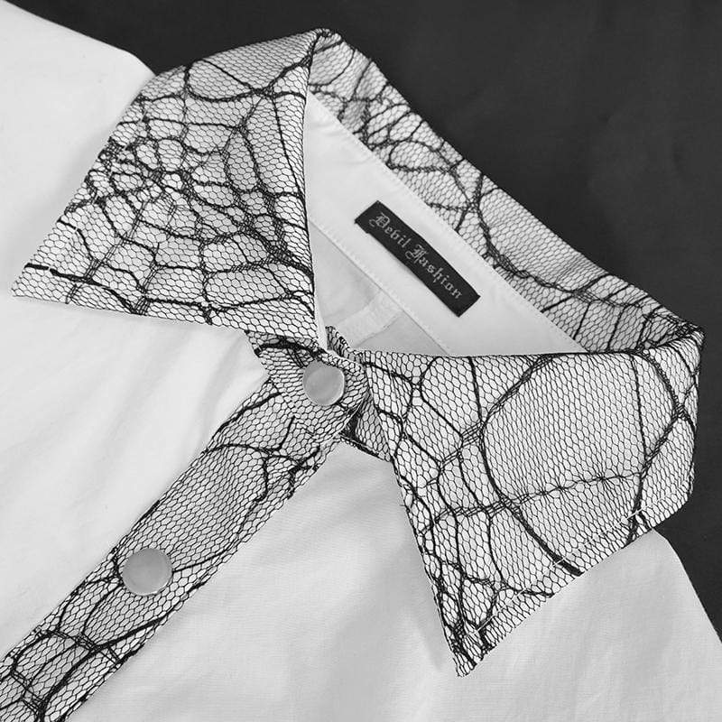 Women's Gothic Mesh Splice Irregular Ruched Shirt White