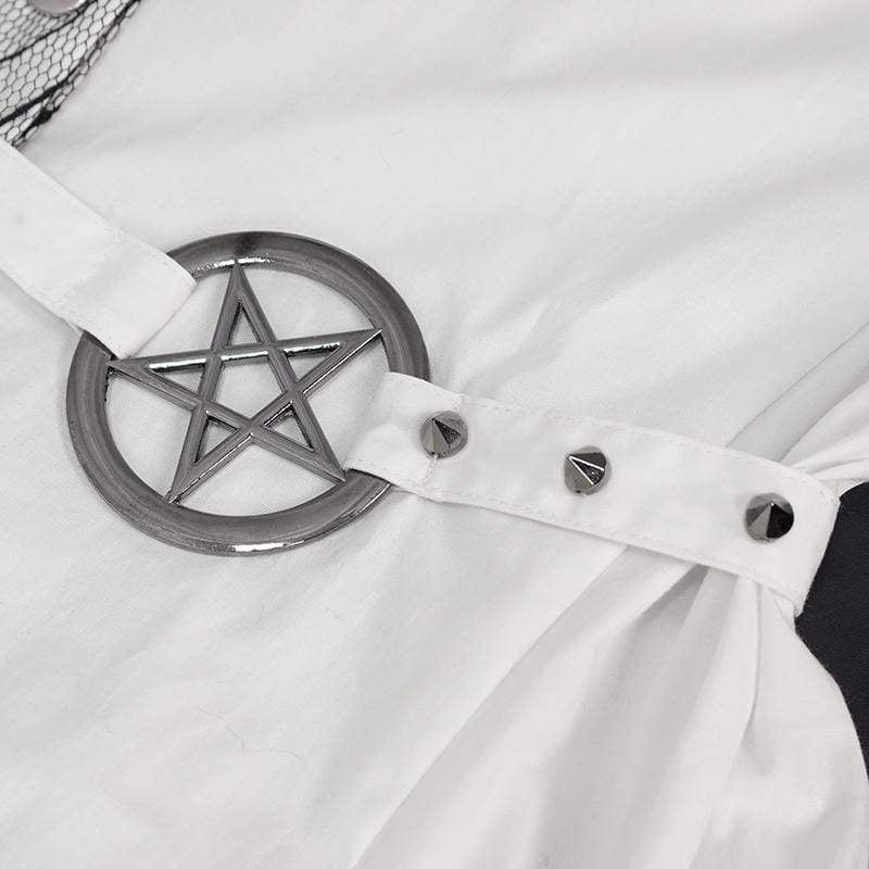 Women's Gothic Mesh Splice Irregular Ruched Shirt White