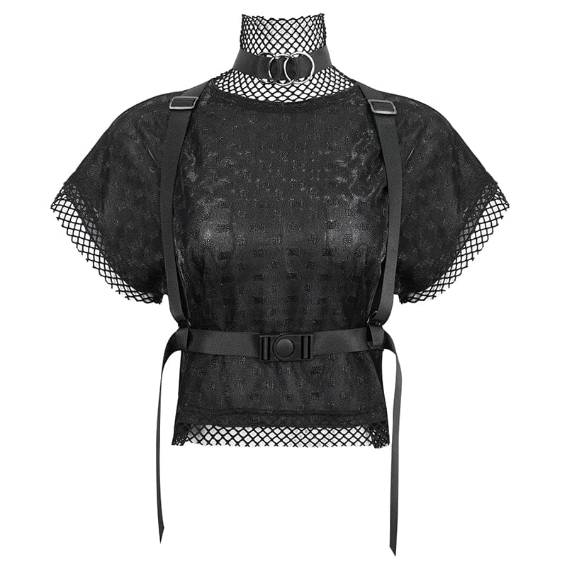 DEVIL FASHION Women's Gothic Mesh Splice Shirt with Buckle Strap