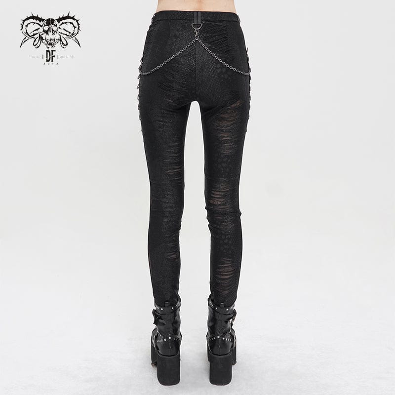 DEVIL FASHION Women's Gothic Metal Chain Ripped Leggings