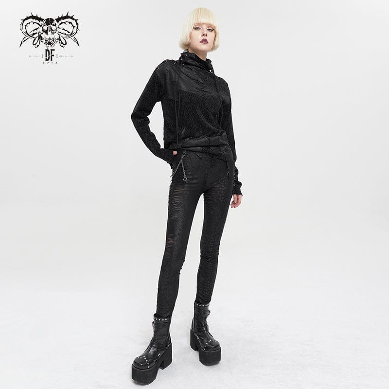 DEVIL FASHION Women's Gothic Metal Chain Ripped Leggings
