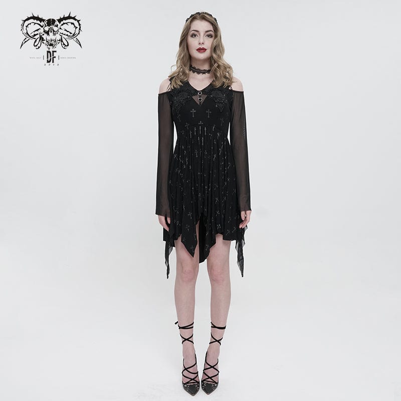 DEVIL FASHION Women's Gothic Off Shoulder Cross Printed Dress