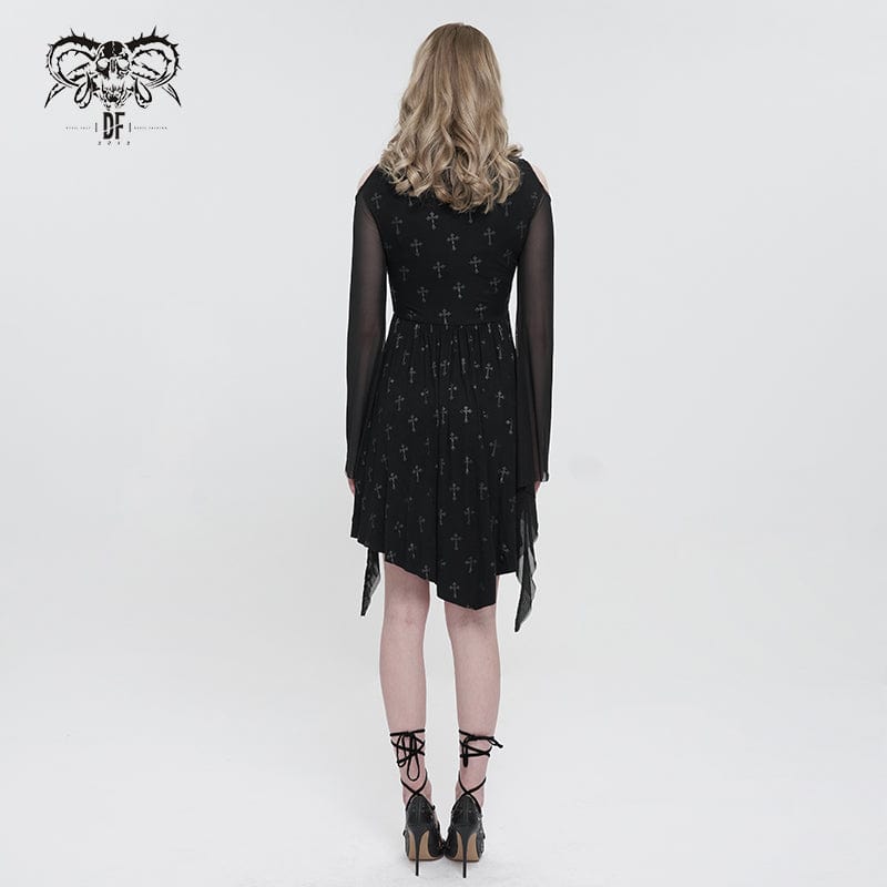 DEVIL FASHION Women's Gothic Off Shoulder Cross Printed Dress