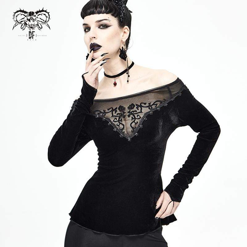Women's Gothic Off Shoulder Floral Embroidered Black Top