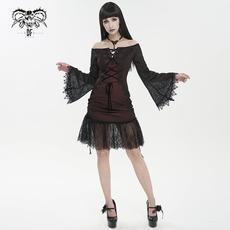 DEVIL FASHION Women's Gothic Off Shoulder Lace Splice Dress
