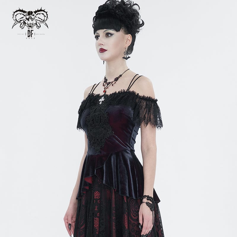 DEVIL FASHION Women's Gothic Off Shoulder Lace Splice Shirt