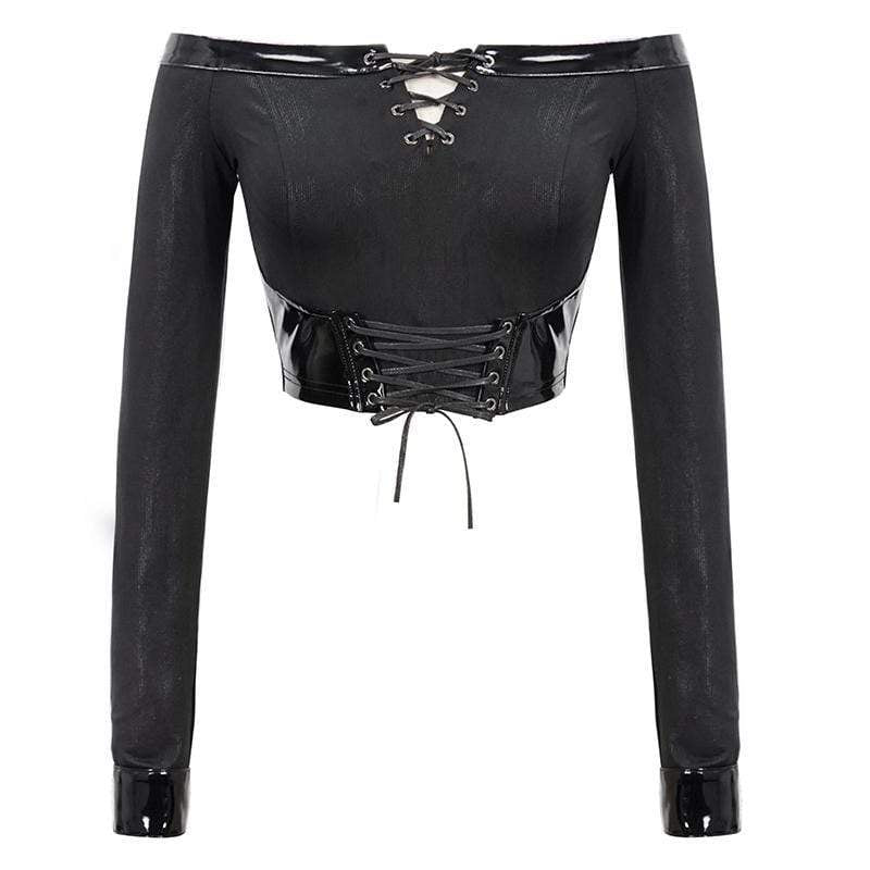 Women's Gothic Off Shoulder Lace-up Faux Leather Detailed Crop Top