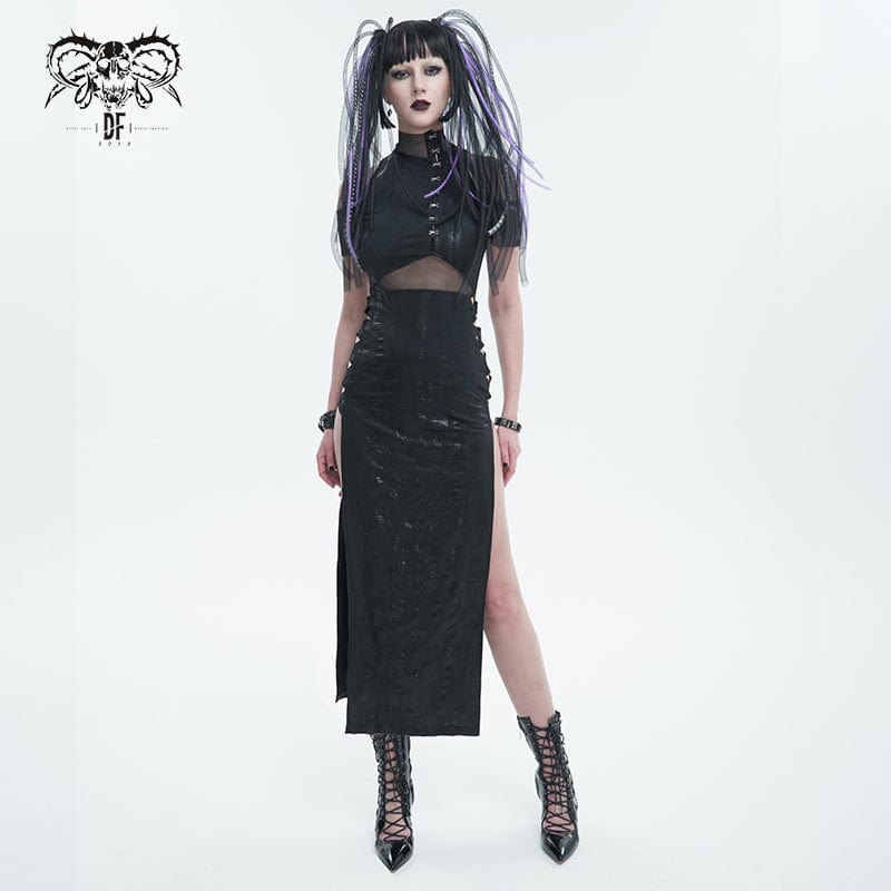 DEVIL FASHION Women's Gothic Off Shoulder Mesh Splice Split Dress