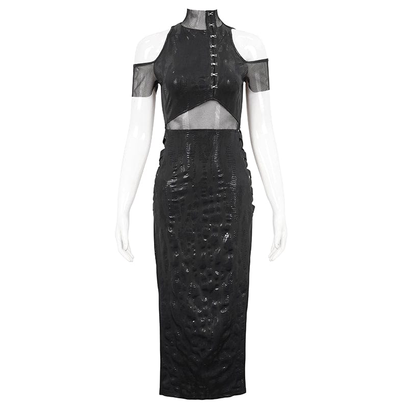 DEVIL FASHION Women's Gothic Off Shoulder Mesh Splice Split Dress