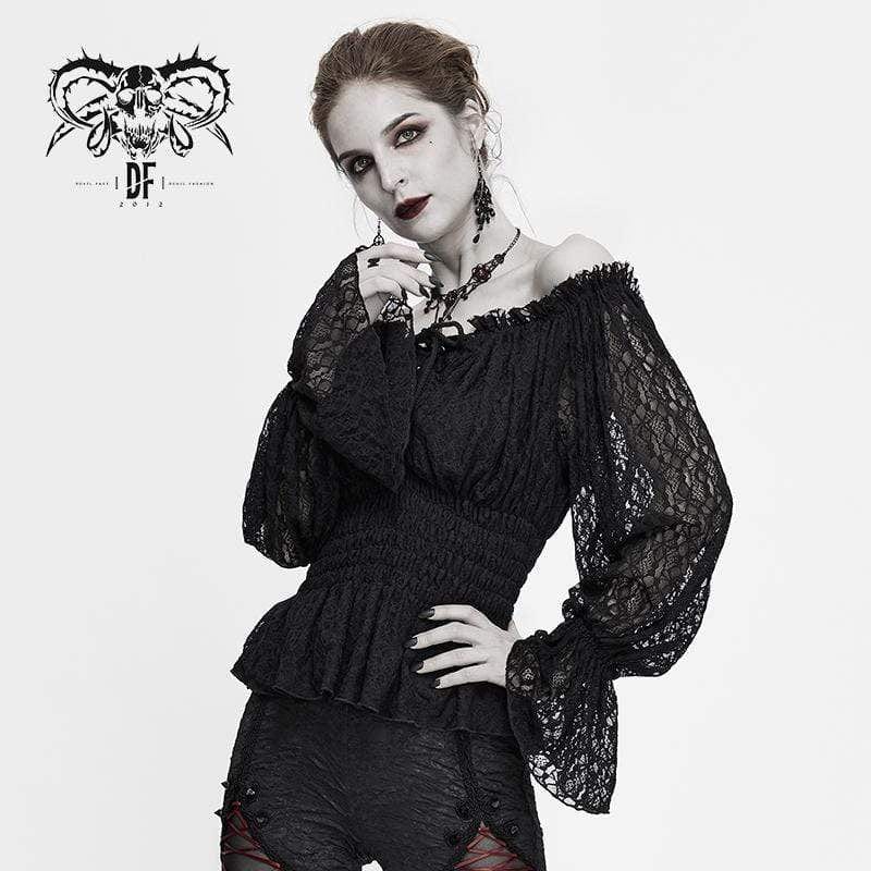 DEVIL FASHION Women's Gothic Off-shoulder Strappy Lace Sleeve  Tops