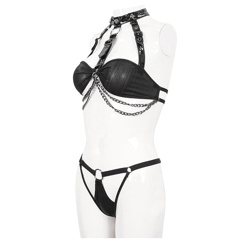 DEVIL FASHION Women's Gothic Patent Leather Splice Bustier with Lingerie