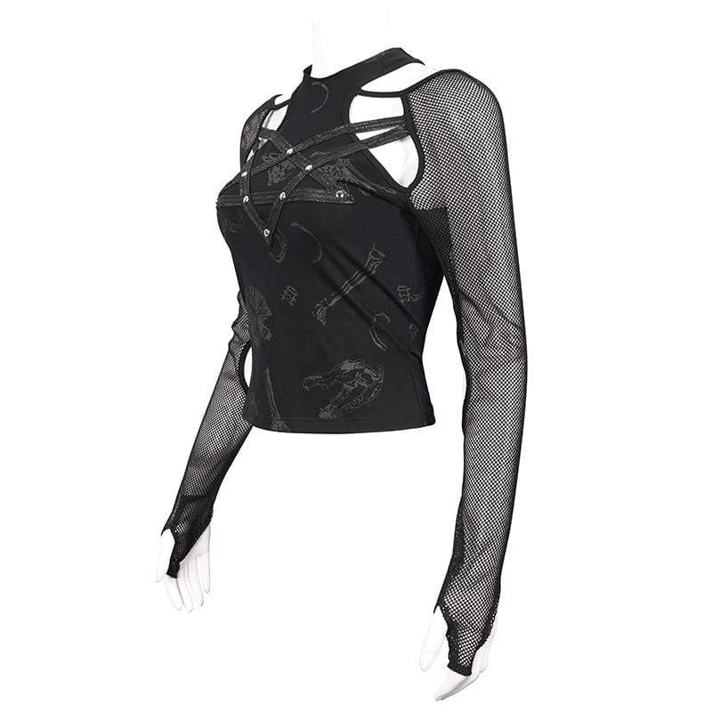 Women's Gothic Pentagram Cutout Mesh Splice Top
