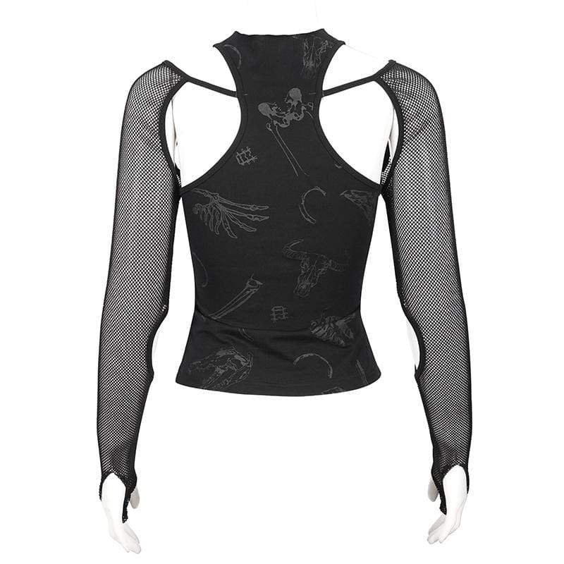 Women's Gothic Pentagram Cutout Mesh Splice Top