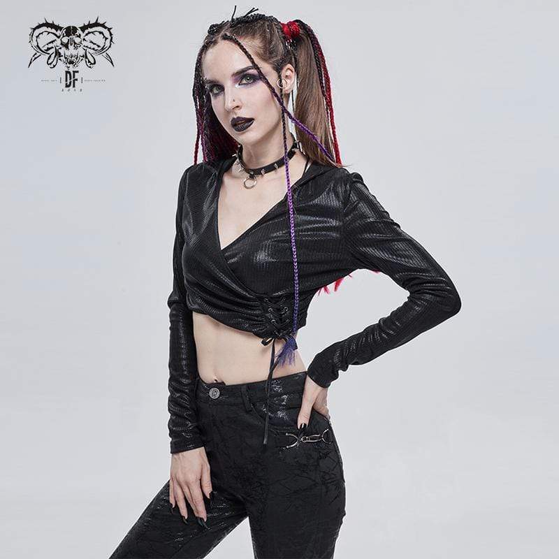 Women's Gothic Plunging Drawstring Crop Top with Hood