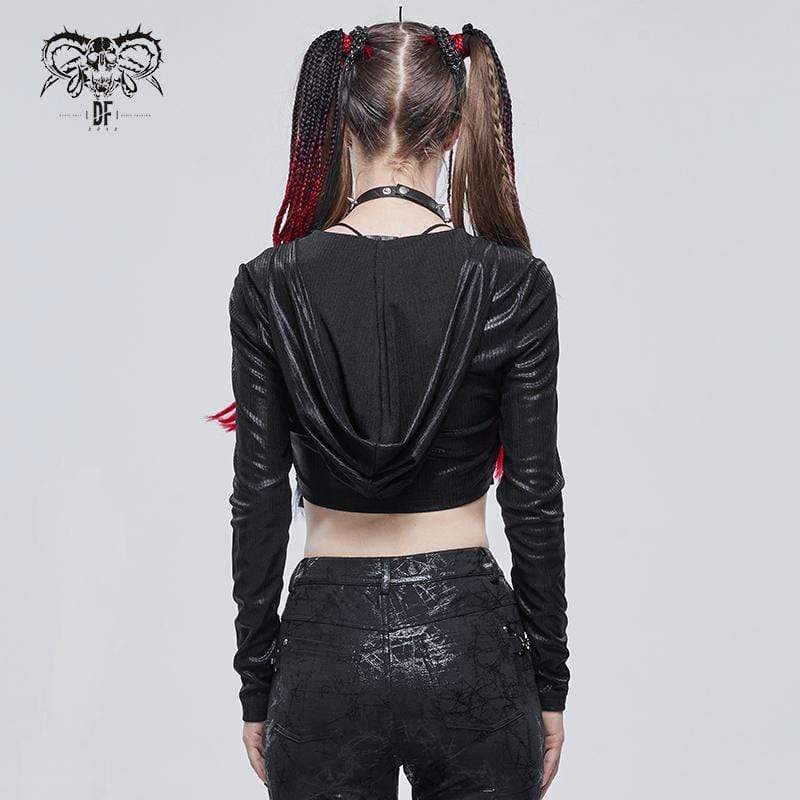 Women's Gothic Plunging Drawstring Crop Top with Hood