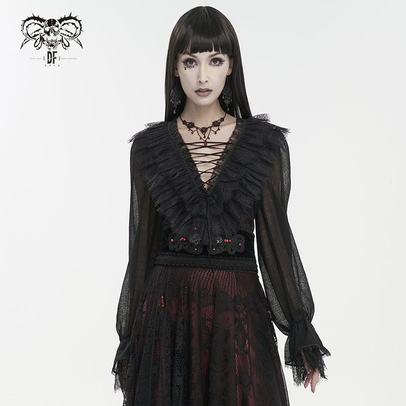 DEVIL FASHION Women's Gothic Plunging Ruffled Sheer Shirt Black