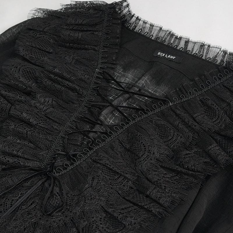 DEVIL FASHION Women's Gothic Plunging Ruffled Sheer Shirt Black