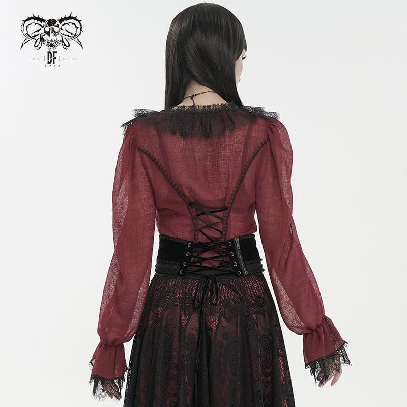 DEVIL FASHION Women's Gothic Plunging Ruffled Sheer Shirt Red