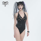 DEVIL FASHION Women's Gothic Plunging Skull Mesh Splice Swimsuit