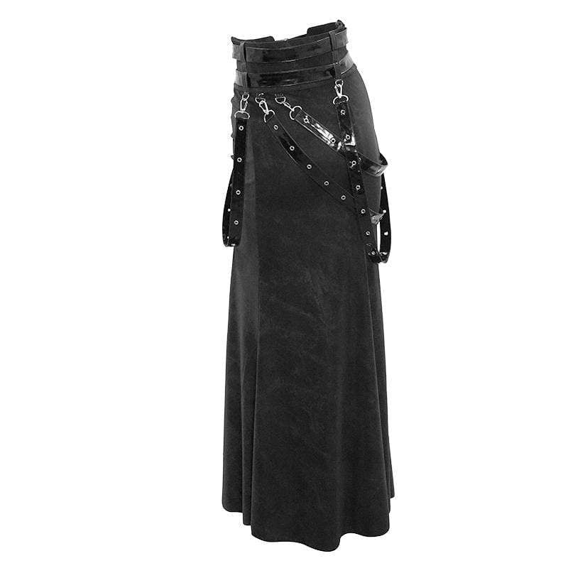 Women's Gothic PU Belts Slit Wrap Skirts