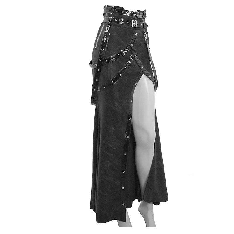 Women's Gothic PU Belts Slit Wrap Skirts
