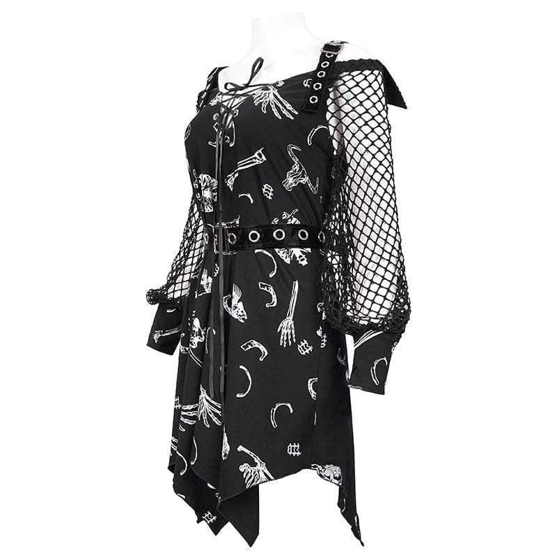 Women's Gothic Puff Sleeved Buckles Irregular Dress