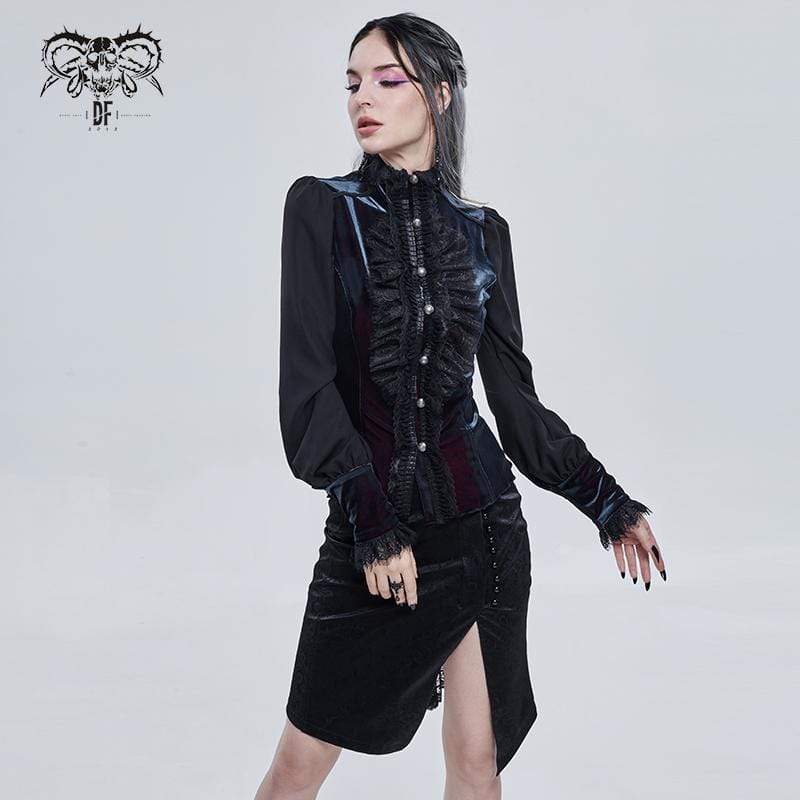 DEVIL FASHION Women's Gothic Puff Sleeved Lace Splice Shirt