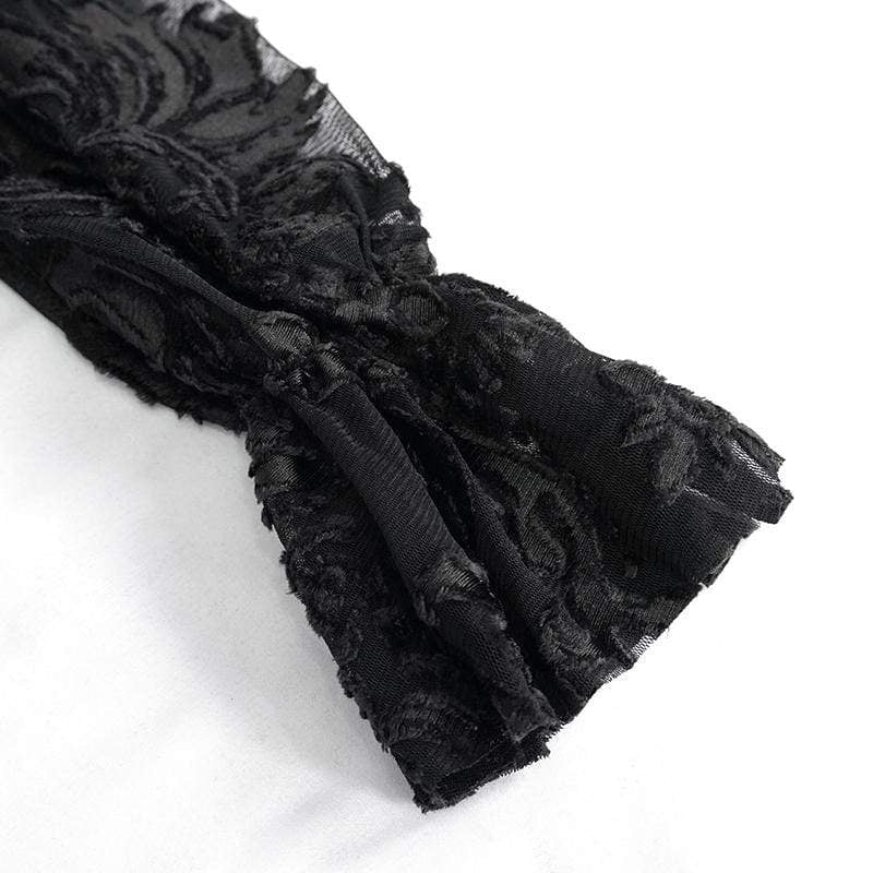 Women's Gothic Puff Sleeved Ruched Black Lace Top