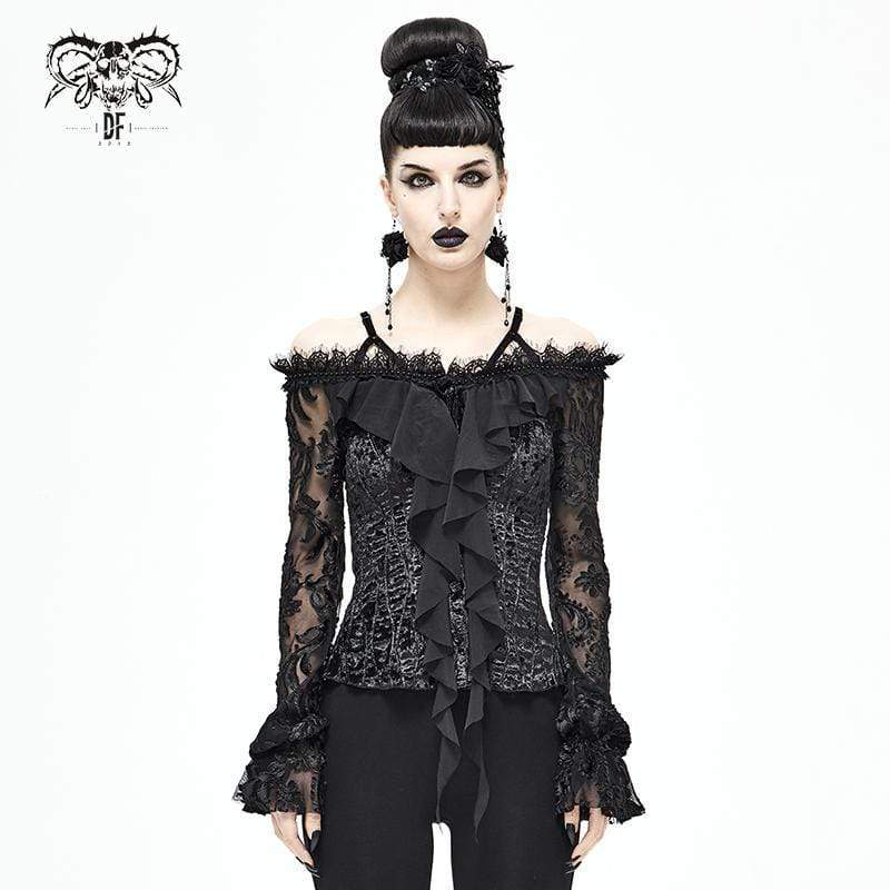 Women's Gothic Puff Sleeved Ruched Black Lace Top