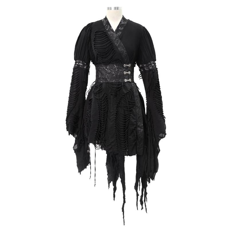 DEVIL FASHION Women's Gothic Ripped kimonos With Chinese Button Belt