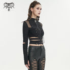 DEVIL FASHION Damen Gothic-Shirt mit gerüschten Trägern und gespleißtem Netzstoff