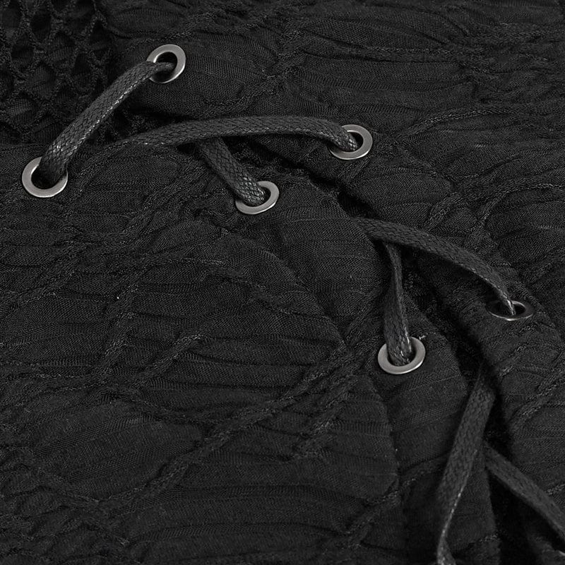 DEVIL FASHION Women's Gothic Ruched Strap Splice Mesh Shirt