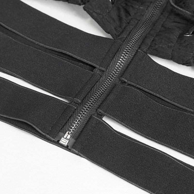 DEVIL FASHION Women's Gothic Ruched Strap Splice Mesh Shirt