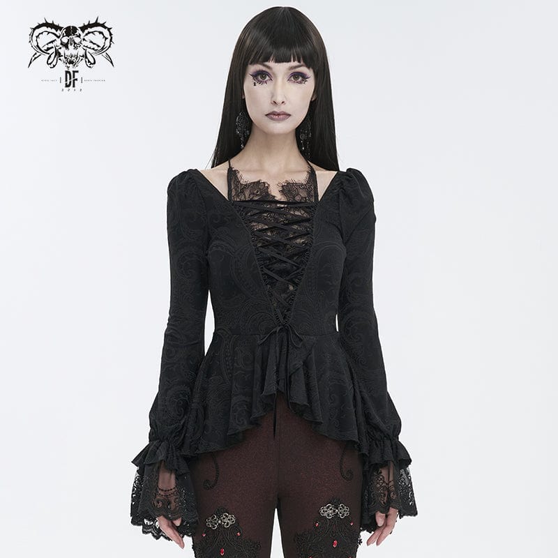DEVIL FASHION Women's Gothic Ruffled Lace Splice Shirt