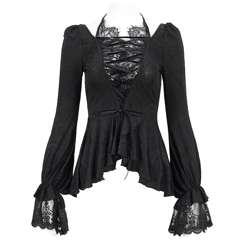 DEVIL FASHION Women's Gothic Ruffled Lace Splice Shirt