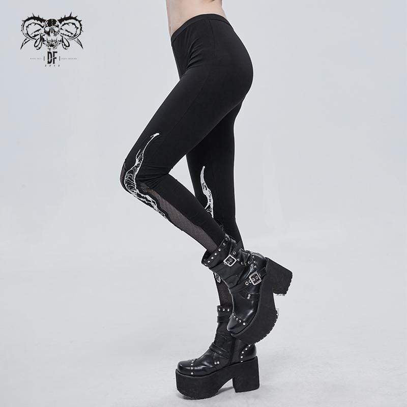 Women's Gothic Sheepshead Printed Mesh Splice Leggings