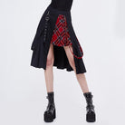 DEVIL FASHION Women's Gothic Side Slit Red Plaid Skirt with Strap