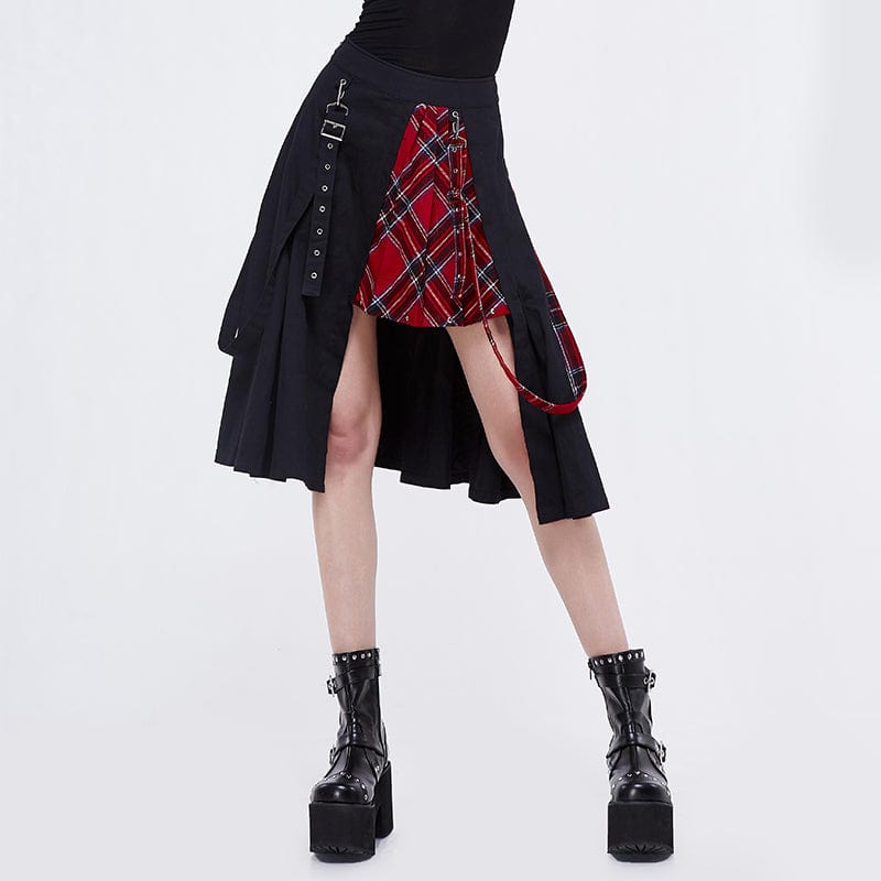 DEVIL FASHION Women's Gothic Side Slit Red Plaid Skirt with Strap