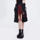 DEVIL FASHION Women's Gothic Side Slit Red Plaid Skirt with Strap
