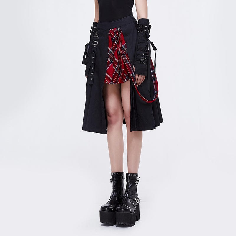 DEVIL FASHION Women's Gothic Side Slit Red Plaid Skirt with Strap