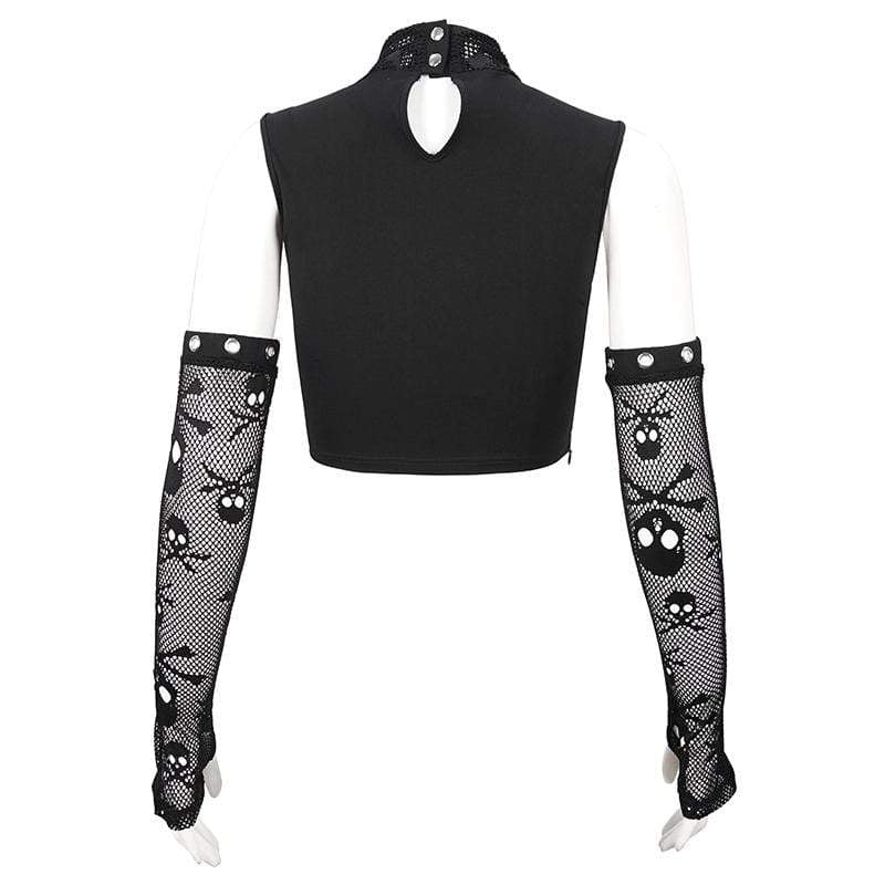Women's Gothic Skull Printed Mesh Crop Top with Oversleeves