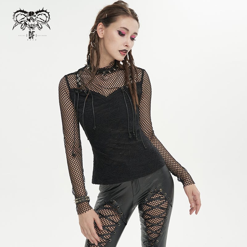 DEVIL FASHION Women's Gothic Skulls Mesh Splice Shirt