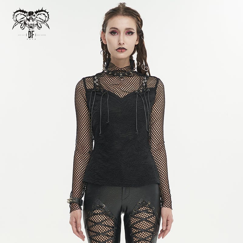 DEVIL FASHION Women's Gothic Skulls Mesh Splice Shirt