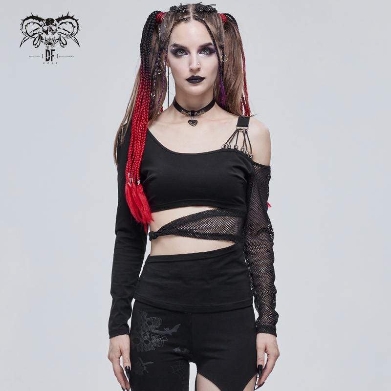 Gothic Slash Schulter Mesh Splice Top für Damen