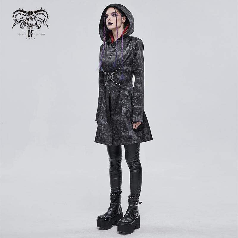 Women's Gothic Slim Fitted Strappy Coat with Hood