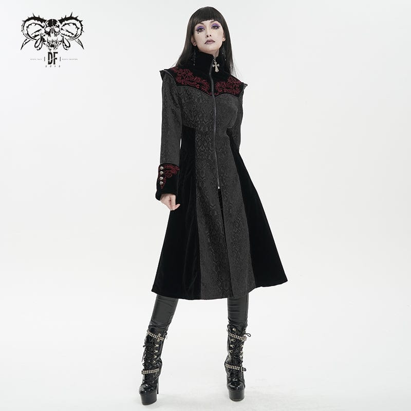 DEVIL FASHION Women's Gothic Stand Collar Floral Embroidered Coat Black