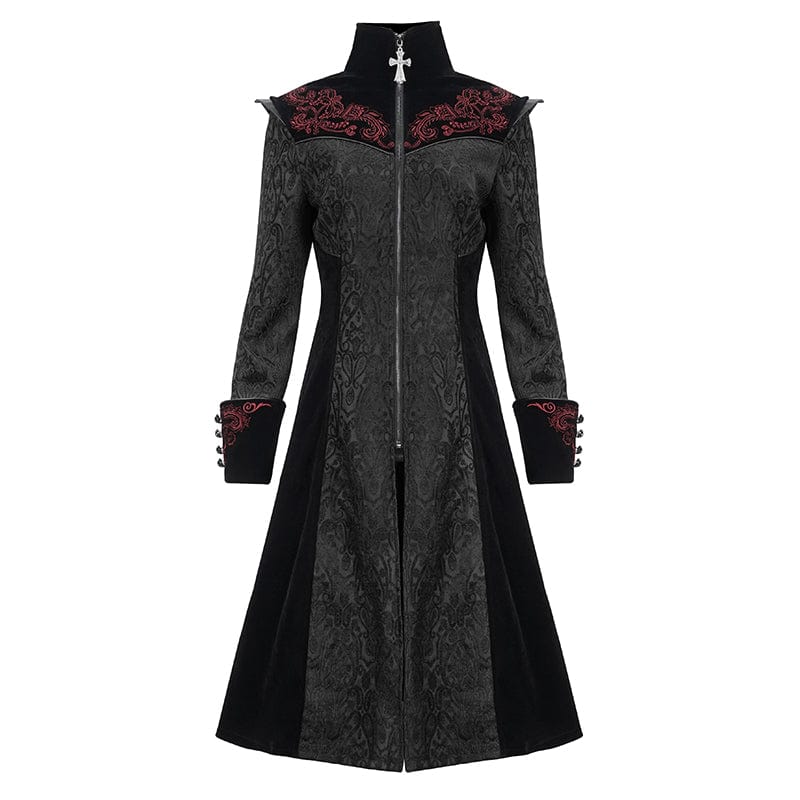 DEVIL FASHION Women's Gothic Stand Collar Floral Embroidered Coat Black