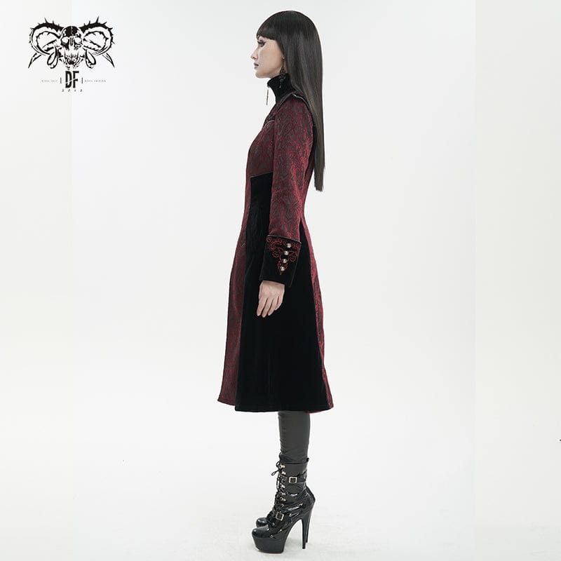DEVIL FASHION Women's Gothic Stand Collar Floral Embroidered Coat Red